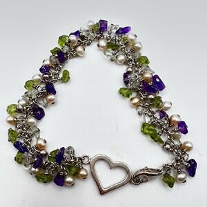 Sterling Silver & Gemstone Bracelet Peridot, Pearl and Amethyst Heart Clasp 7.25